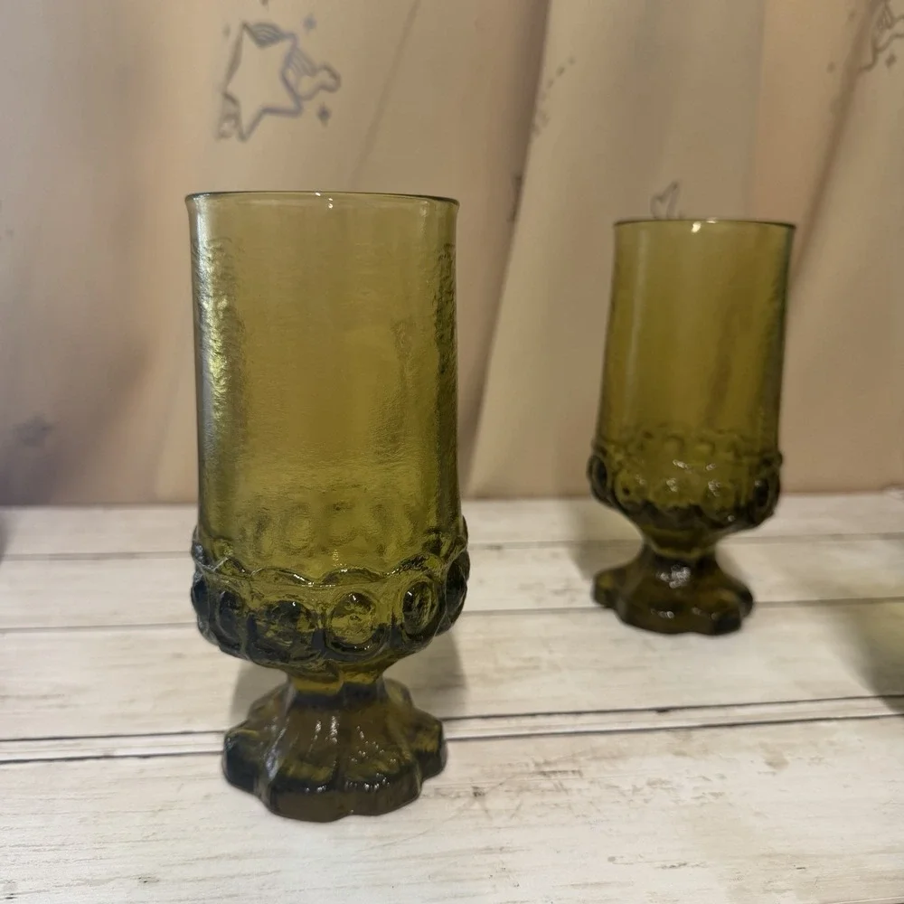 4 Vintage Tiffin Franciscan Madeira Pedestal Goblets Green Uranium Glasses